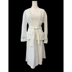 Vintage Nap Dress & Bed Jacket 2pc White Smocked Gauzy Feminine Romantic 70s‎